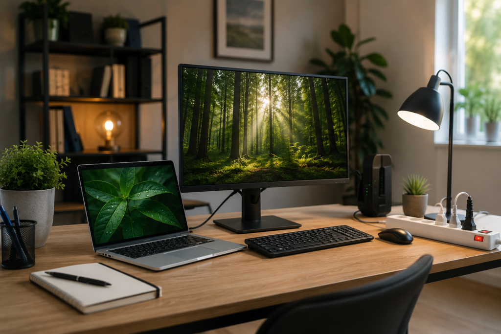 Modernes Homeoffice mit Laptop, Monitor und energieeffizienter Arbeitsplatzgestaltung