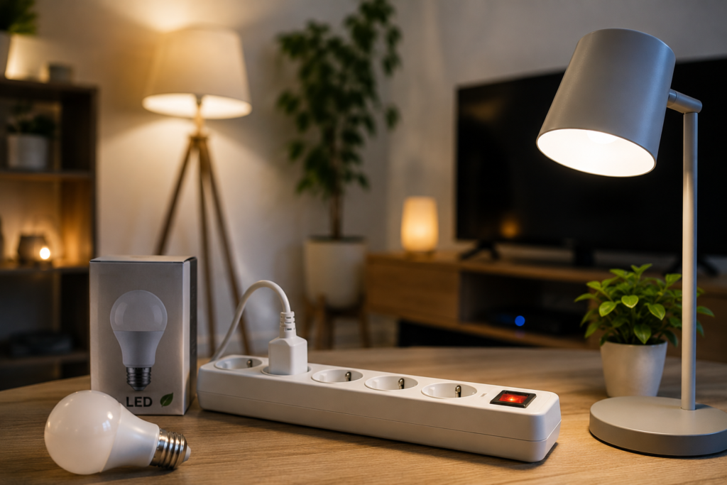 LED-Lampe und moderne Beleuchtung in Wohnzimmer zur Reduzierung des Stromverbrauchs