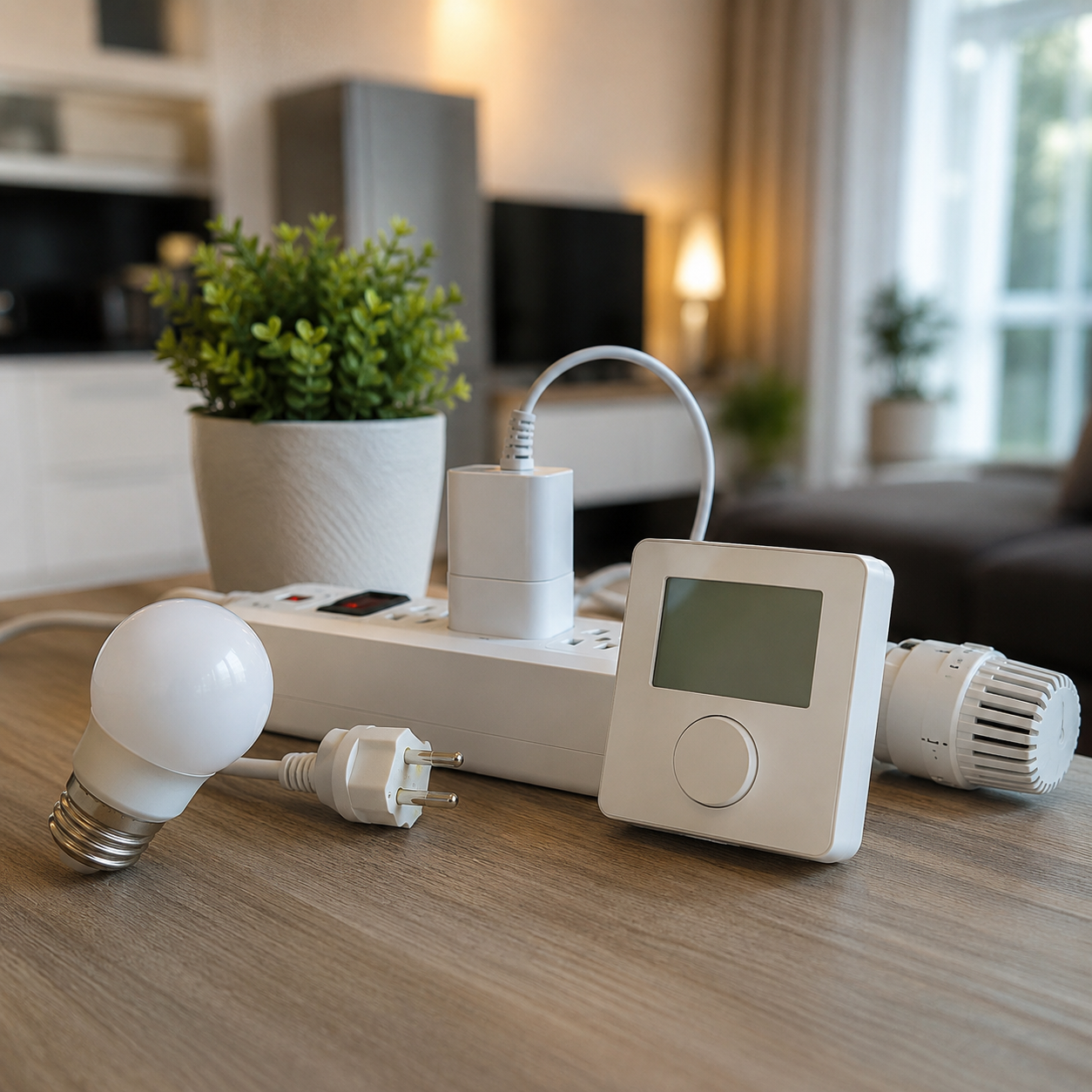 LED-Lampe, Steckdosenleiste und Thermostat in modernem Wohnraum als Symbol für Strom sparen im Haushalt