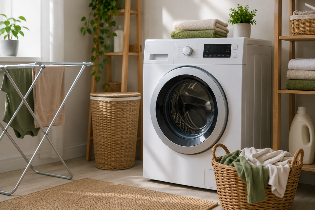 Moderne Waschmaschine mit Wäschekorb in hellem Hauswirtschaftsraum für energieeffizientes Waschen
