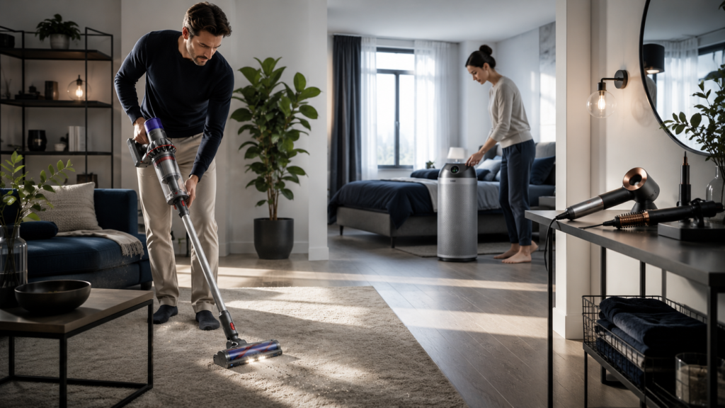 Moderne Apartment-Szene mit Person beim Staubsaugen, Luftreiniger im Schlafbereich und Haarstyling-Gerät auf einer Ablage – Dyson-Produkte im Alltagseinsatz.