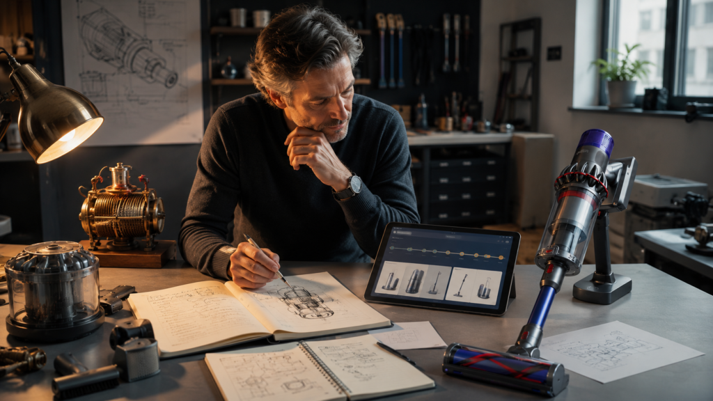 Technikinteressierte Person betrachtet Konstruktionsskizzen, Tablet mit Entwicklungszeitleiste und modernen Dyson-Akkustaubsauger in einem kreativen Arbeitsbereich.