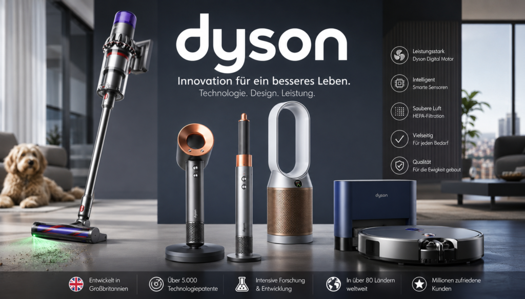 Dyson Produkte im Überblick mit Akkustaubsauger, Airwrap, Luftreiniger und weiteren innovativen Haushaltsgeräten in modernem Wohnambiente.