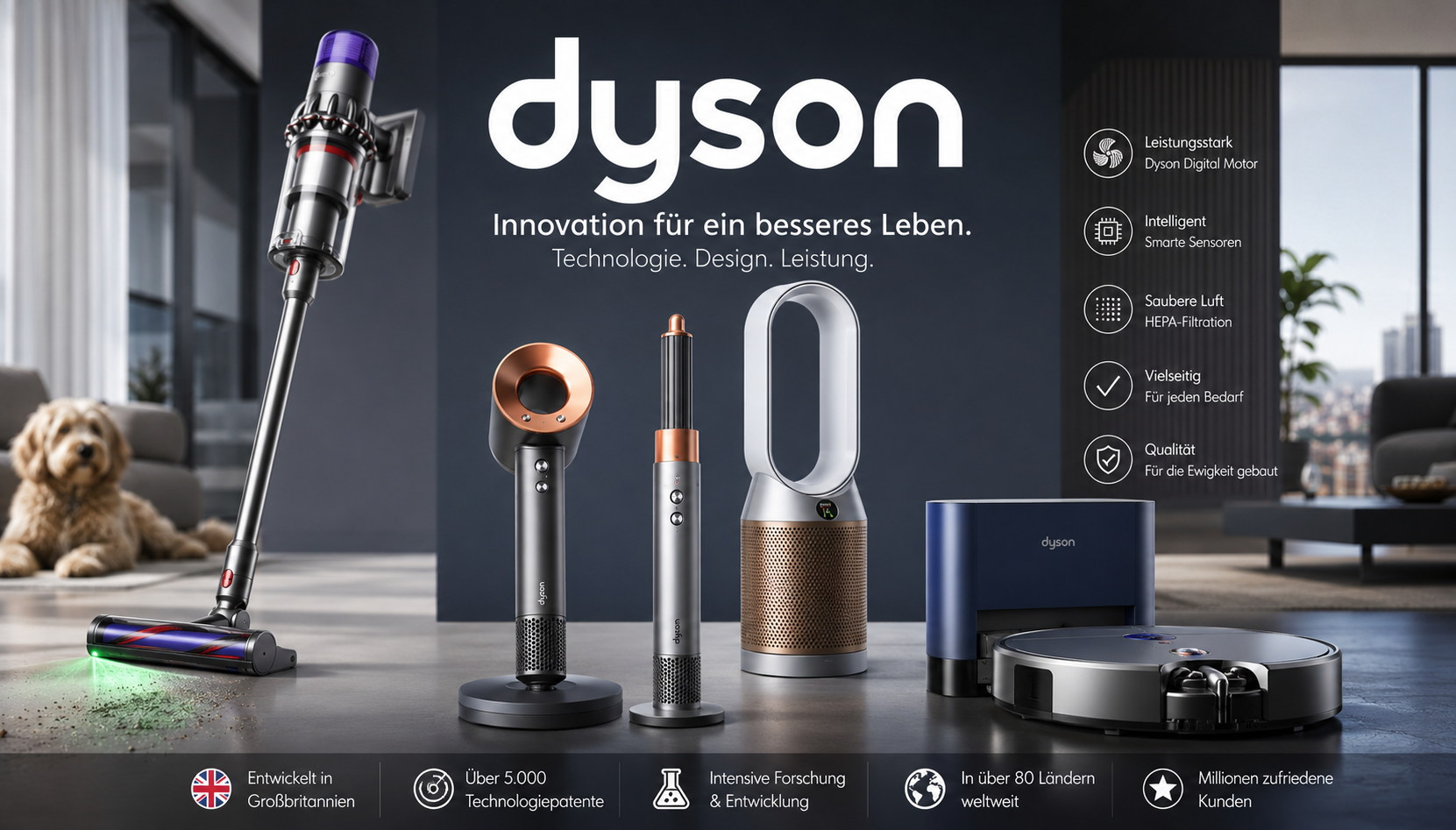 Dyson Produkte im Überblick mit Akkustaubsauger, Airwrap, Luftreiniger und weiteren innovativen Haushaltsgeräten in modernem Wohnambiente.