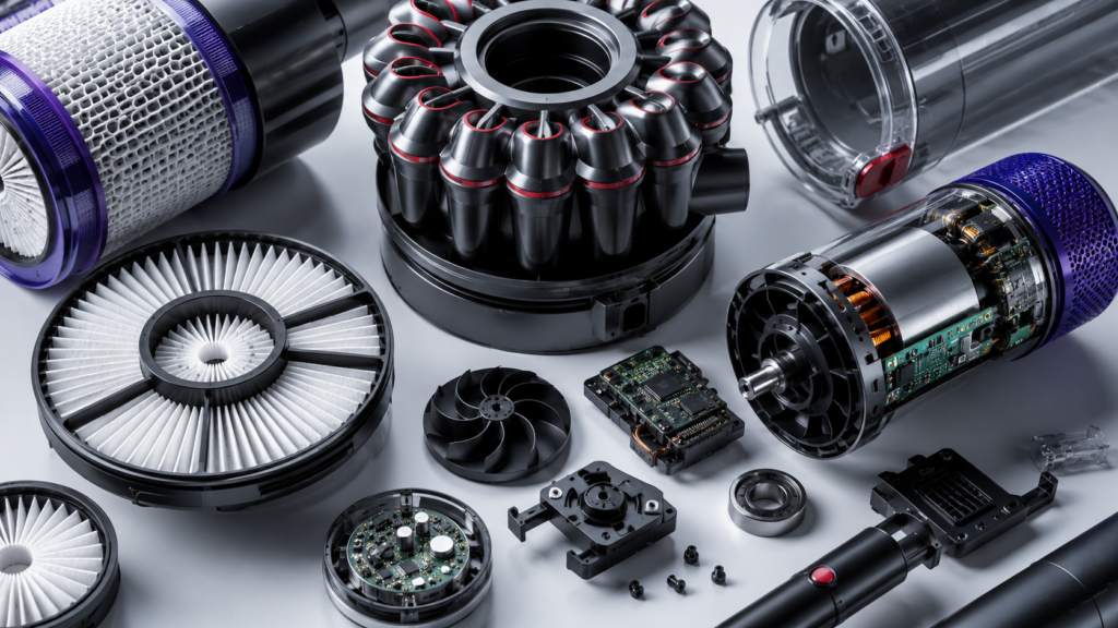 Nahaufnahme technischer Komponenten eines Dyson-Geräts mit HEPA-Filter, Zyklonkammern und Digitalmotor in professioneller Laborumgebung.
