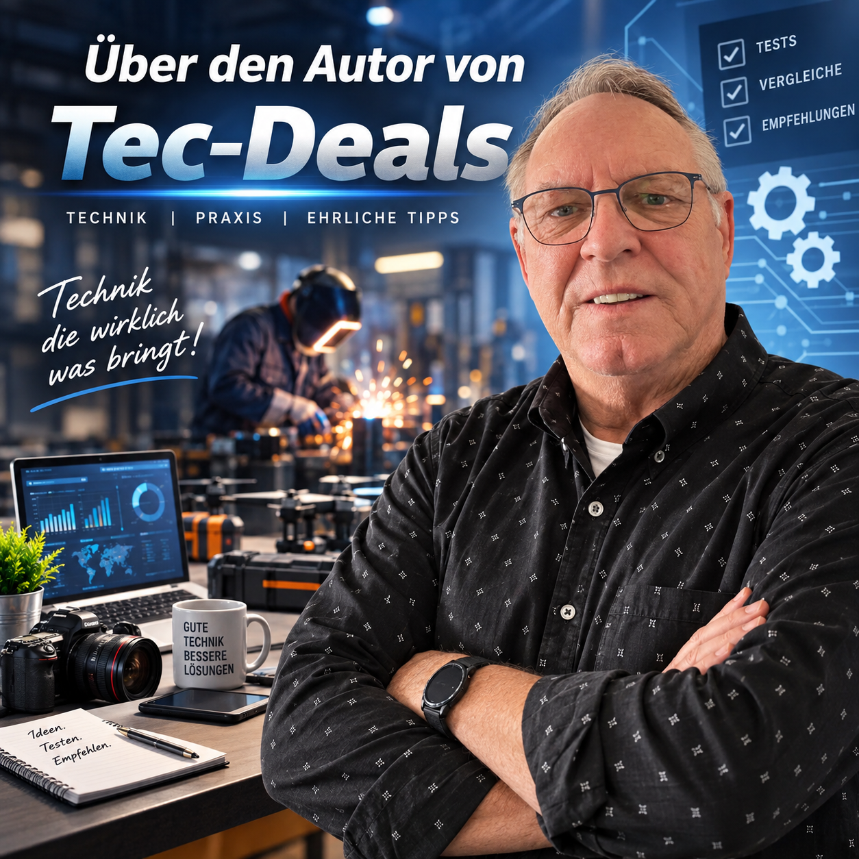 Hans-Jürgen Göbel, Autor von Tec-Deals, vor einer technischen Werkstatt mit Prüf- und Testequipment