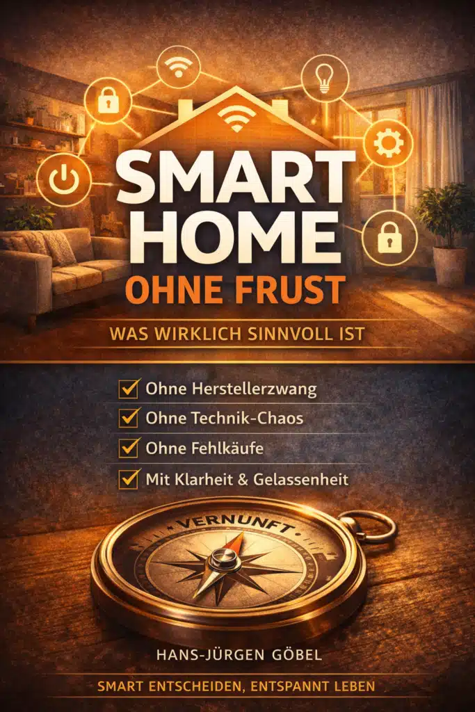 Buchcover: 'Smart Home ohne Frust – Was wirklich sinnvoll ist' von Hans-Jürgen Göbel. Modernes Wohnzimmer mit Smart-Home-Symbolen (Sicherheit, Energie, Technik) und Kompass als Metapher für klare Orientierung. Verspricht Smart-Home-Lösungen ohne Herstellerzwang, Technik-Chaos oder Fehlkäufe.