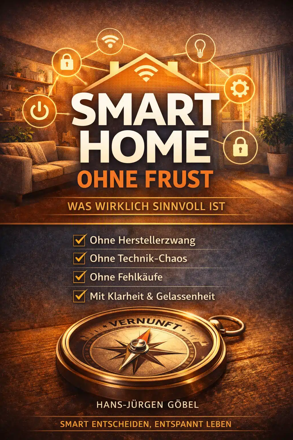 Buchcover: 'Smart Home ohne Frust – Was wirklich sinnvoll ist' von Hans-Jürgen Göbel. Modernes Wohnzimmer mit Smart-Home-Symbolen (Sicherheit, Energie, Technik) und Kompass als Metapher für klare Orientierung. Verspricht Smart-Home-Lösungen ohne Herstellerzwang, Technik-Chaos oder Fehlkäufe.