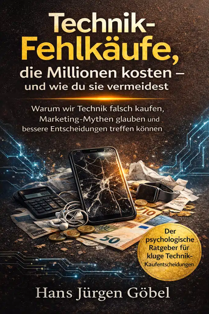 echnik-Fehlkäufe vermeiden Buchcover von 'Technik-Fehlkäufe, die Millionen kosten – und wie du sie vermeidest' von Hans-Jürgen Göbel: Ein zerbrochenes Smartphone, Geldscheine und ein Taschenrechner symbolisieren die Kosten von Fehlkäufen. Enthält psychologische Tipps für bessere Kaufentscheidungen.