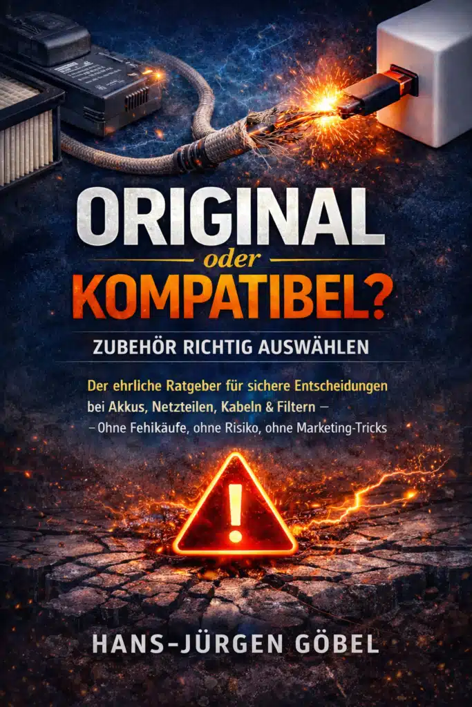 Buchcover „Original oder kompatibel? Zubehör richtig auswählen“ von Hans-Jürgen Göbel mit brennendem Kabel, Funkenflug und Warnsymbol für sicheres Technik-Zubehör.
