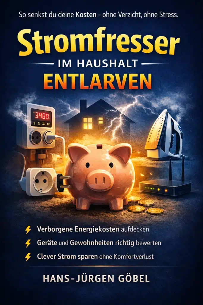Buchcover: 'Stromfresser im Haushalt entlarven' von Hans-Jürgen Göbel. Symbolische Darstellung mit Sparschwein, Steckdose, Haus, Blitzen und Münzen. Zeigt, wie verborgene Energiekosten aufgedeckt und Strom clever gespart wird – ohne Verzicht auf Komfort.